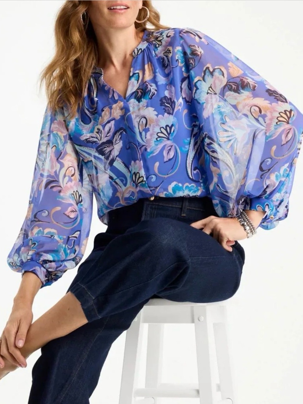 CHICO'S Georgette Blue Paisley Pintuck Sheer Button Up Long Sleeve Boho Blouse